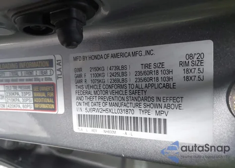 2020 Honda Cr-V Awd Ex z USA, uszkodzony, nr VIN 5J6RW2H5XLL031870